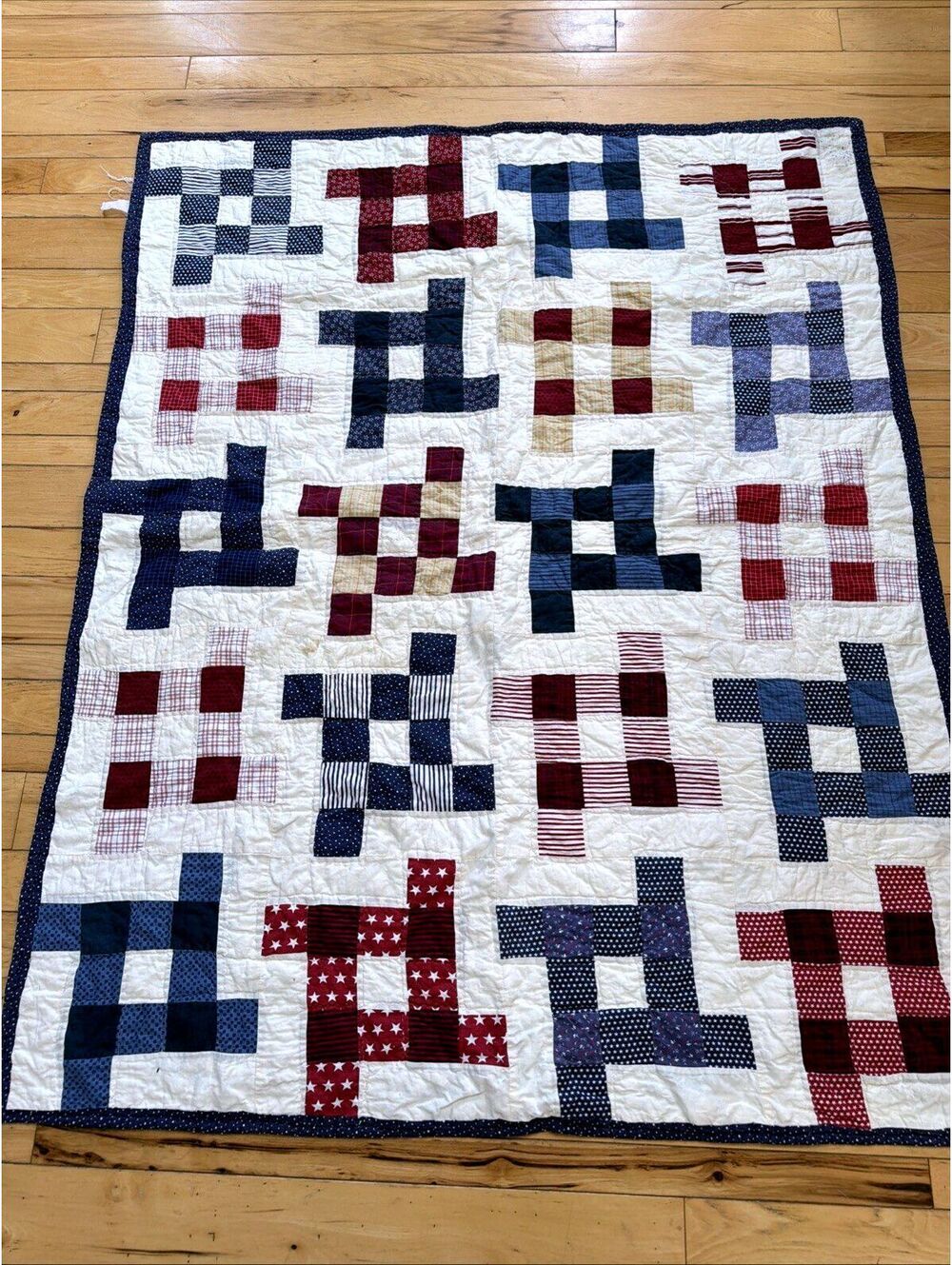 Vtg Americana Patchwork Quilt Wall Lap Red Blue Rustic Patriotic 60x48”